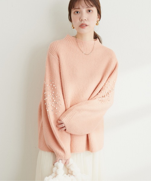 natural couture ニット セーター ビジュースリーブもちもち畦ニット