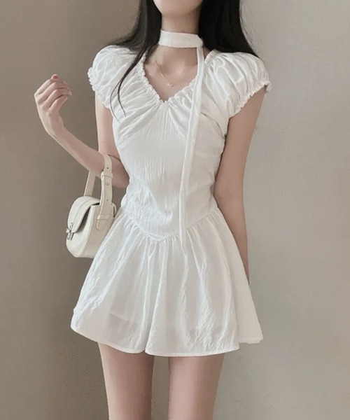 ワンピース チョーカー タイ付 ギャザー ミニワンピ : ZOZOTOWN Yahoo