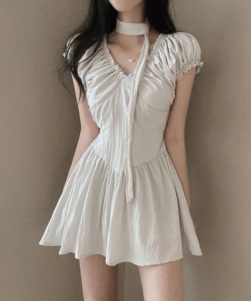 ワンピース チョーカー タイ付 ギャザー ミニワンピ : ZOZOTOWN Yahoo