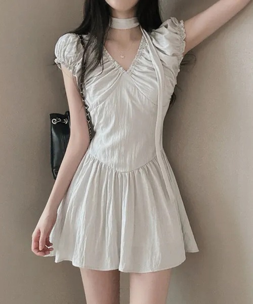 ワンピース チョーカー タイ付 ギャザー ミニワンピ : ZOZOTOWN Yahoo