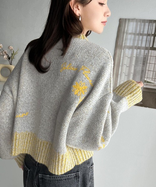 【mily bilet】 トップス ニット レディース ランダム刺繍 クロップド丈 配色リブ メランジ調 プルオーバー ミックス糸 カジュアル セーター classicalelf 【mily bilet】 トップス ニット レディース