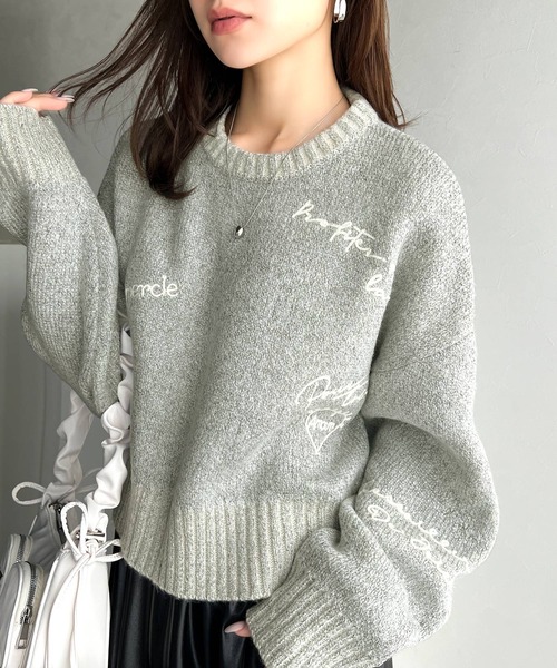 【mily bilet】 トップス ニット レディース ランダム刺繍 クロップド丈 配色リブ メランジ調 プルオーバー ミックス糸 カジュアル セーター classicalelf 【mily bilet】 トップス ニット レディース
