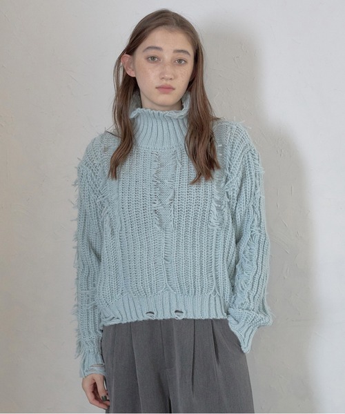 ニット セーター 「MINERTE」damage fringe knit / ダメージフリンジニットプルオーバー レディース