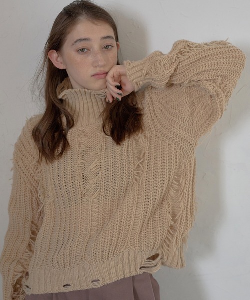 ニット セーター 「MINERTE」damage fringe knit / ダメージフリンジニットプルオーバー レディース MINERTE ニット セーター 「MINERTE」damage fringe knit