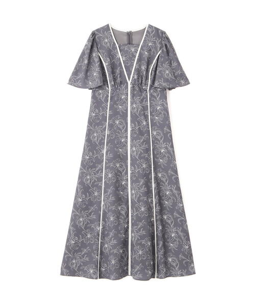 コレクションライン モノトーン 花柄 半袖 ミモレ丈 シルクワンピース コレクションライン モノトーン 花柄 半袖 ミモレ丈 シルク