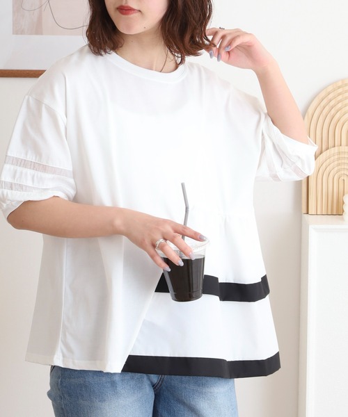 tシャツ EGLANTINE アシンメトリー切替フレアカットソー レディース