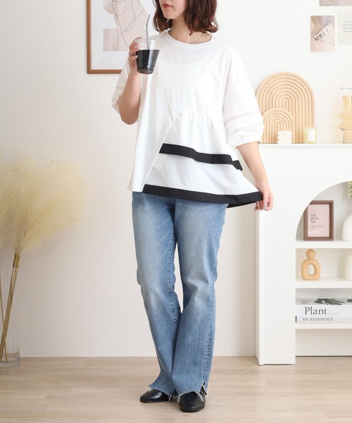 EGLANTINE tシャツ アシンメトリー切替フレアカットソー