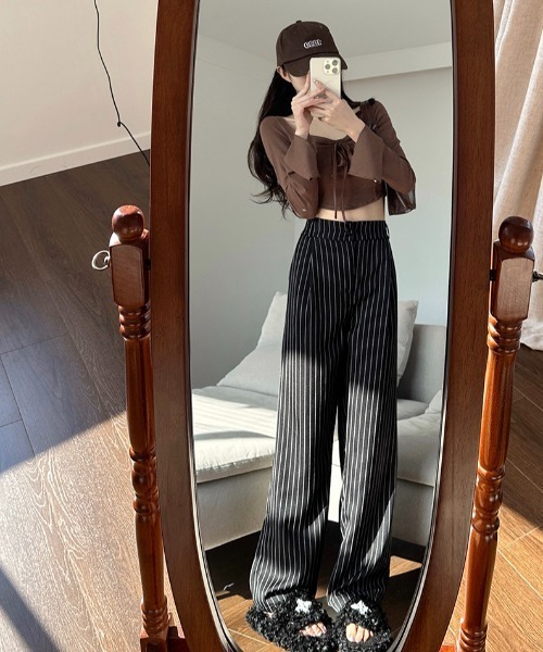 スラックス パンツ ハイウエストストライプワイドパンツ レディース