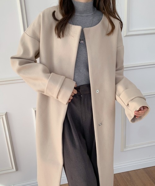 「ECLIN」 ノーカラーコート FREE ネイビー レディース_画像2