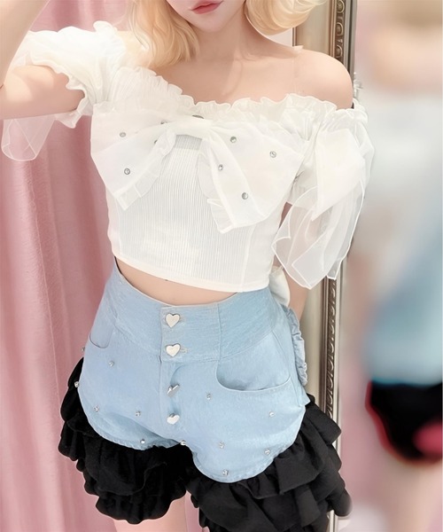 ジャンティ オーガンジー　リボントップス Ank Rouge（アンクルージュ） tシャツ 半袖 オーガンジーおリボンTOPS