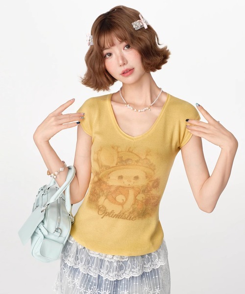 tシャツ レトロアニマルプリント フレンチスリーブトップス GH25s108「Girlyhalo」 レディース
