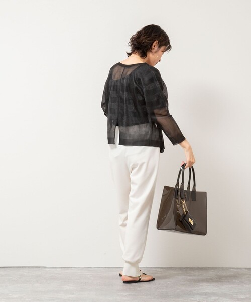カーディガン 「手洗い可能」シアーブロックチェック2WAYクルーネックカーディガン レディース Rie Miller カーディガン 「手洗い可能」シアーブロックチェック