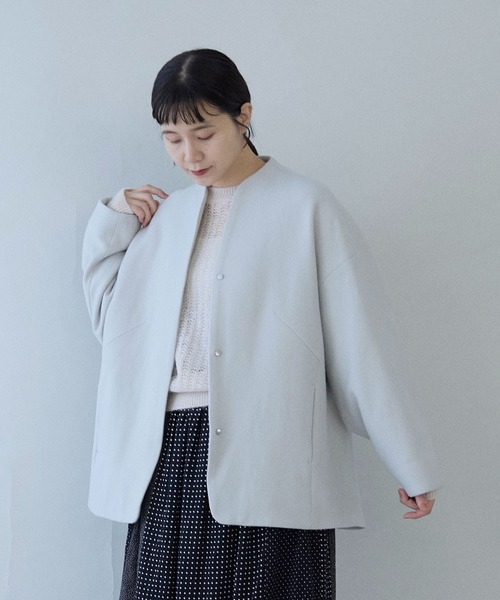 yuni ノーカラーコート コート ウールsuper100 middle length cocoon