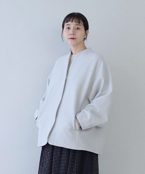 yuni ユニ　ウールコート　ノーカラー　日本製　X1776 yuni ノーカラーコート コート ウールsuper100 middle length cocoon