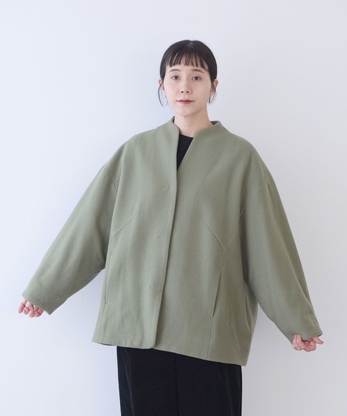 美品　yuni ユニ　ノーカラーロングコート　ウール　キナリ　ベージュ yuni ノーカラーコート コート ウールsuper100 middle length cocoon