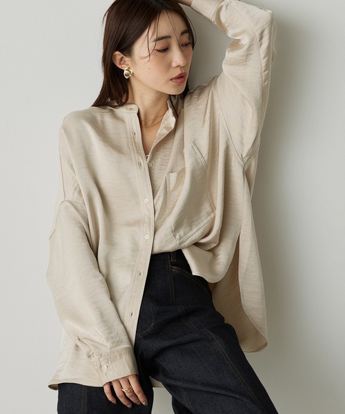 hunch（ハンチ） ブラウス シャツ マットサテン バンドカラー オーバー