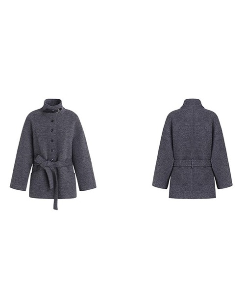 コート アウター スタンドカラー ウエストベルト ウールハーフコート