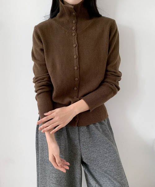 LOWO カーディガン ハイネック ニットカーディガン 長袖 トップス 秋冬