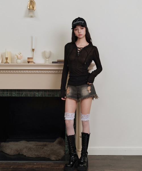 ANDWANG tシャツ sheer ribbon loose tops レディース : ZOZOTOWN