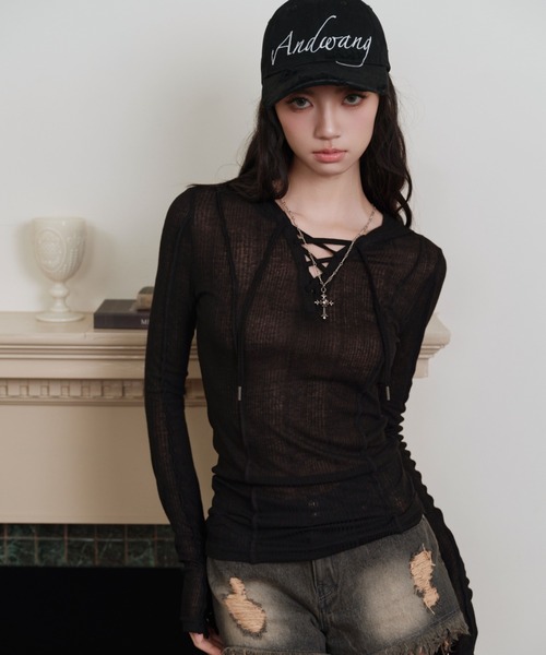 ANDWANG tシャツ sheer ribbon loose tops レディース : ZOZOTOWN