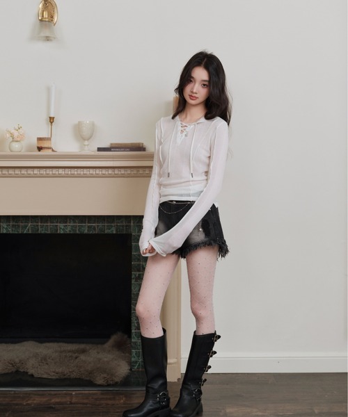 ANDWANG tシャツ sheer ribbon loose tops レディース : ZOZOTOWN