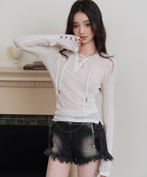 ANDWANG tシャツ sheer ribbon loose tops レディース : ZOZOTOWN