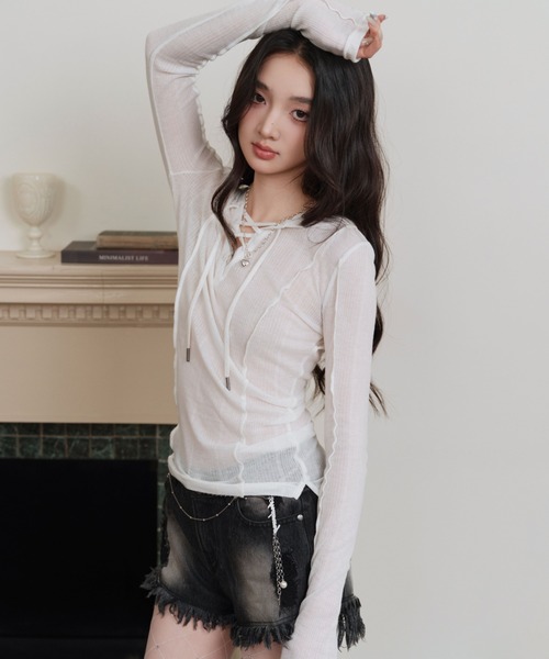 ANDWANG tシャツ sheer ribbon loose tops レディース : ZOZOTOWN