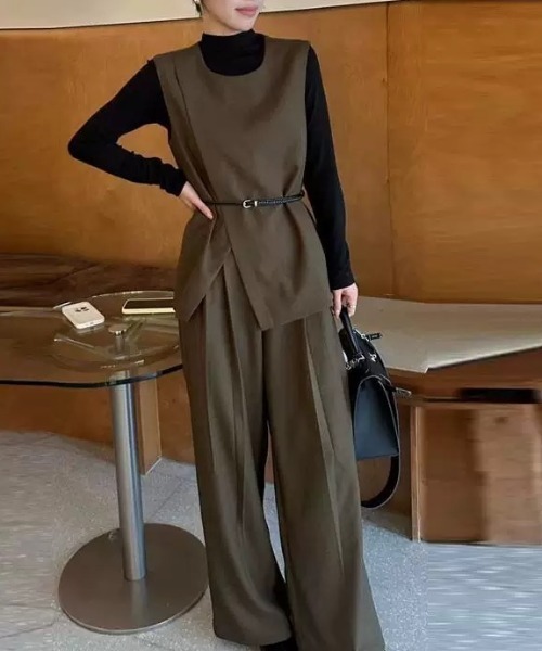 FAVORITO セットアップ ベルト付きベストトップスワイドパンツ