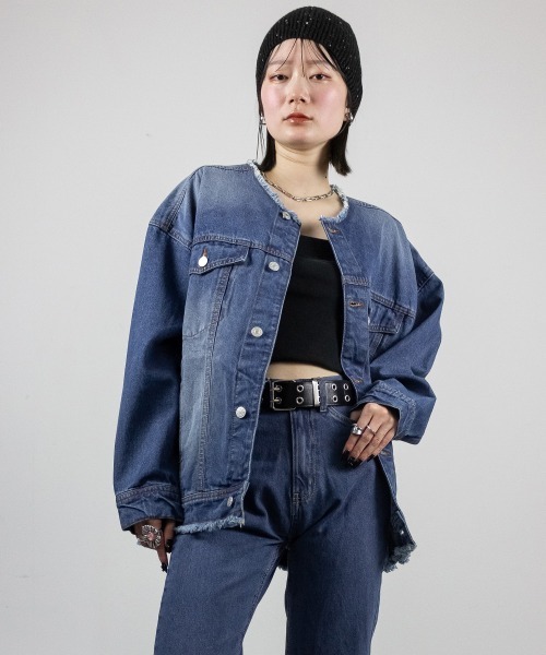 mellomela. デニムジャケット gジャン ノーカラーBIGデニムジャケット