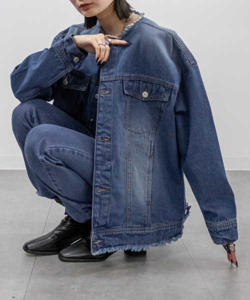 mellomela. デニムジャケット gジャン ノーカラーBIGデニムジャケット