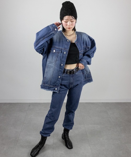 mellomela. デニムジャケット gジャン ノーカラーBIGデニムジャケット