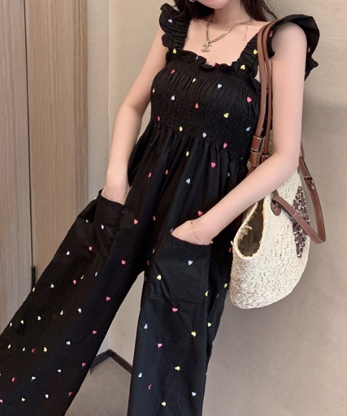 deux amour オールインワン ハートモチーフ総柄シャーリングキャミ