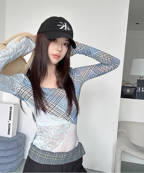 AsheKsha tシャツ Y2Kスタイルのレース柄スリムフィット長袖