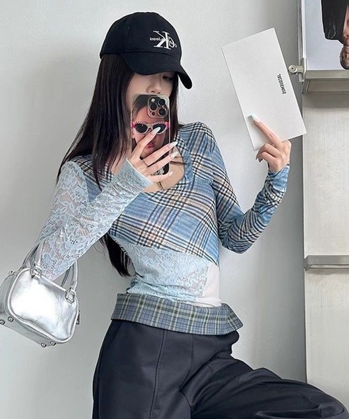 AsheKsha tシャツ Y2Kスタイルのレース柄スリムフィット長袖