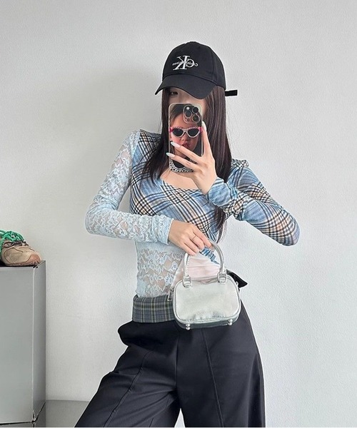 AsheKsha tシャツ Y2Kスタイルのレース柄スリムフィット長袖