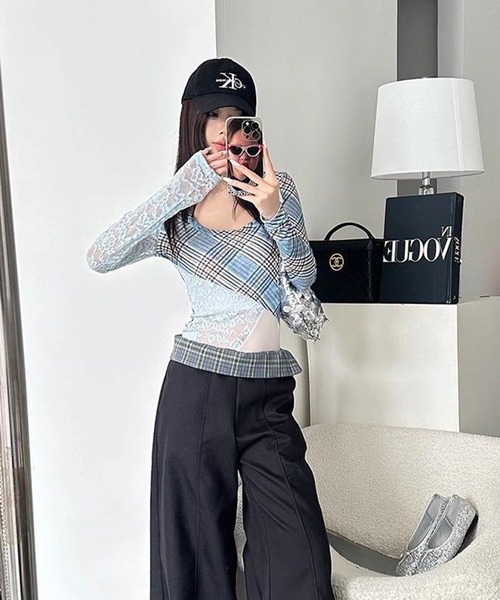 AsheKsha tシャツ Y2Kスタイルのレース柄スリムフィット長袖