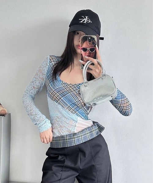 AsheKsha tシャツ Y2Kスタイルのレース柄スリムフィット長袖