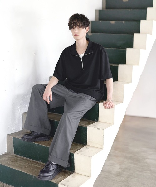 tシャツ 「26SS」梨地ハーフジップドローコードTシャツ メンズ