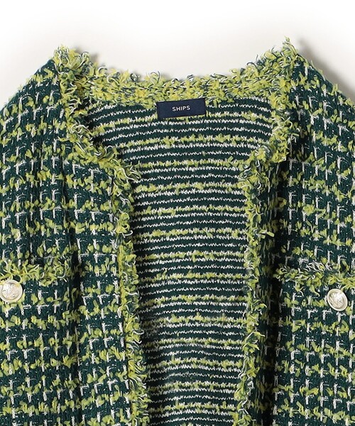 美品SHIPSシップス羽織りきれい色ニットツイードクルーネックカーディガン♪ セール】〈手洗い可能〉ニット ツイード クルーネック カーディガン