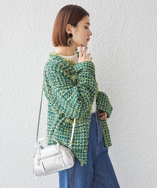 【23AW】シップス  定価1.9万円　ニットツイードクルーネックカーディガン 23AW】シップス 定価1.9万円 ニットツイードクルーネック