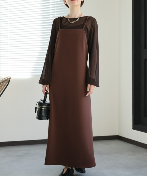 オケージョンドレス　ブラウン　シアー　キャミワンピース　ロング sakishimatokyo ワンピース シアーブラウス キャミワンピースSET