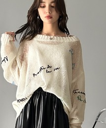 45R 透かし編みフリンジニット レースニット コットンリネン グレー R刺繍 mily bilet ニット セーター 「mily bilet」女性らしさ滲み出る