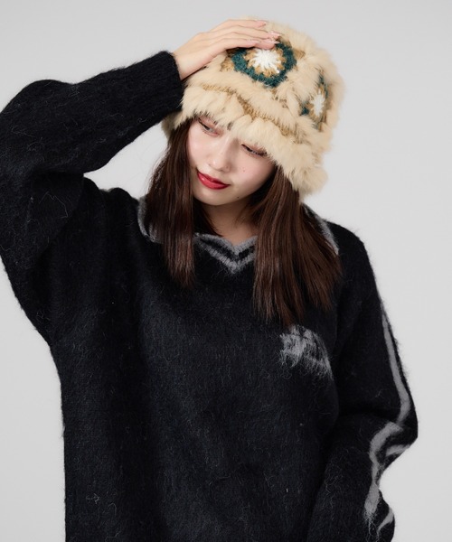 ROOP TOKYO 帽子 ハット ファー 花柄バケットハット レディース