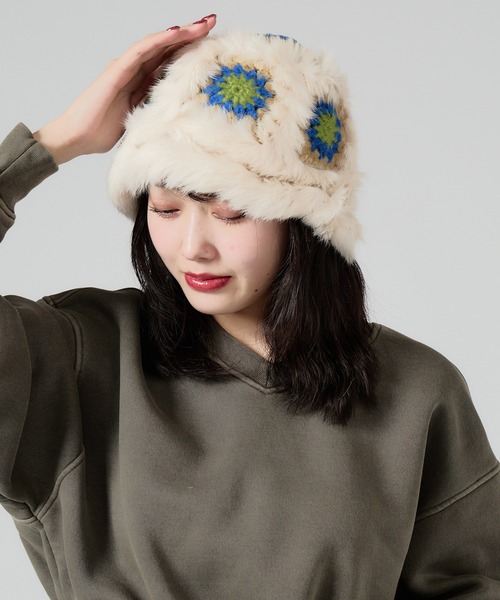 ROOP TOKYO 帽子 ハット ファー 花柄バケットハット レディース メンズ