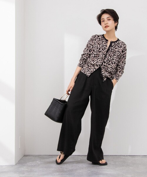 Rie Miller カーディガン 「手洗い可能」ヒョウ柄プリントクルーネック 