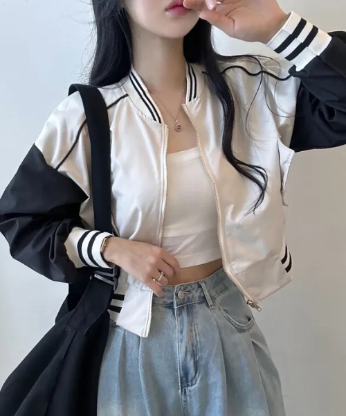 GEMEDA スタジャン 配色クロップド丈スタジャン レディース : ZOZOTOWN