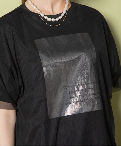 tシャツ ソフトチュール×箔プリント　２WAYレイヤードT レディース