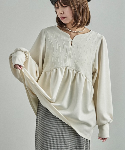ブラウス シャツ ウェーブ切り替え ペプラムポンチトップス レディース Fashion Letter ブラウス シャツ ウェーブ切り替え ペプラム