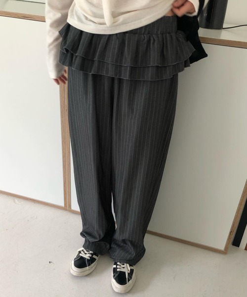 スラックス パンツ ウエストティアードフリル ストライプワイド