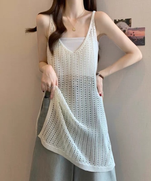 【美品】デュアリズム DUALISM *Vネックニットベスト*ノースリアイボリーライン入りプルオーバーセーター(1-2412-443)【62A52】 GEMEDA ニット セーター Vネック透け感編みベストニット